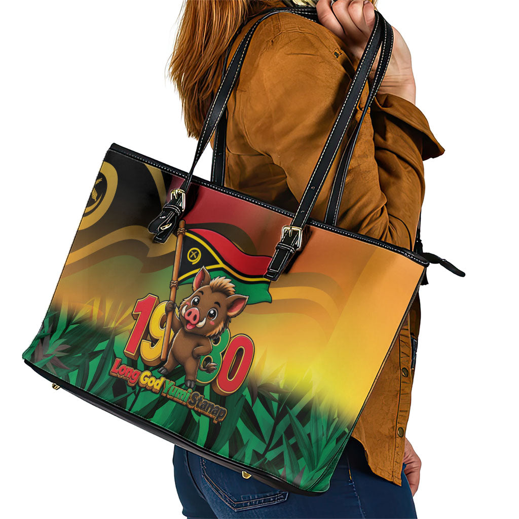 Vanuatu Independence Day Leather Tote Bag Chibi Boar Proud To Be A Ni-Van LT14 - Polynesian Pride