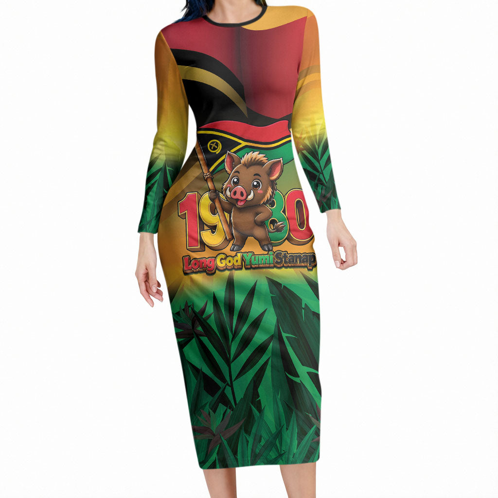 Vanuatu Independence Day Long Sleeve Bodycon Dress Chibi Boar Proud To Be A Ni-Van LT14 Long Dress Multicolor - Polynesian Pride