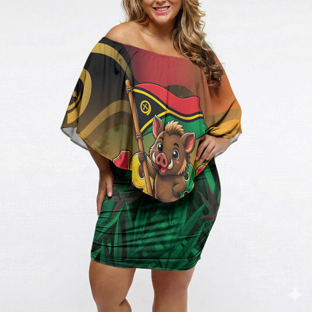 Vanuatu Independence Day Off Shoulder Short Dress Chibi Boar Proud To Be A Ni-Van LT14 Women Multicolor - Polynesian Pride
