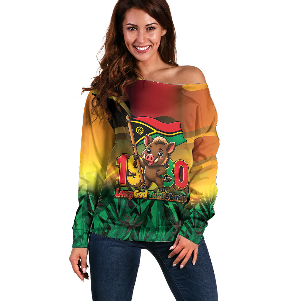 Vanuatu Independence Day Off Shoulder Sweater Chibi Boar Proud To Be A Ni-Van LT14 Women Multicolor - Polynesian Pride