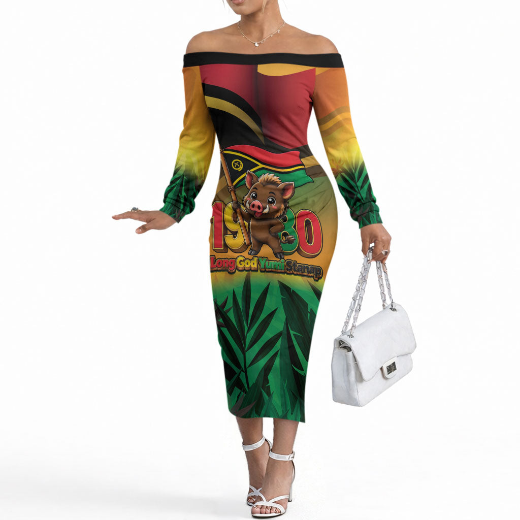Vanuatu Independence Day Off The Shoulder Long Sleeve Dress Chibi Boar Proud To Be A Ni-Van LT14 Women Multicolor - Polynesian Pride