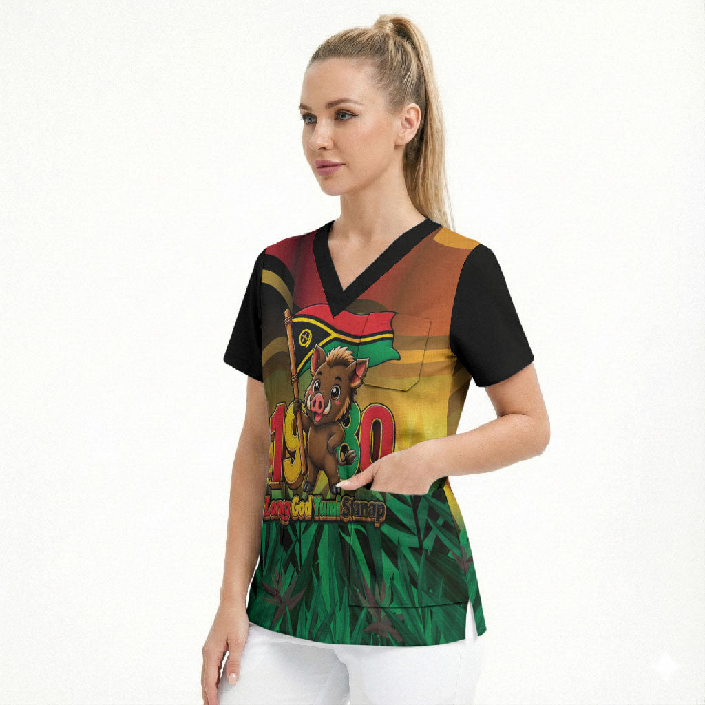 Vanuatu Independence Day Scrub Top Chibi Boar Proud To Be A Ni-Van LT14 - Polynesian Pride