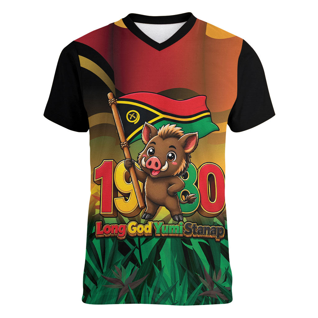 Vanuatu Independence Day Women V-Neck T-Shirt Chibi Boar Proud To Be A Ni-Van LT14 Female Multicolor - Polynesian Pride