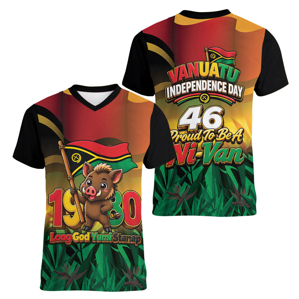 Vanuatu Independence Day Women V-Neck T-Shirt Chibi Boar Proud To Be A Ni-Van LT14 - Polynesian Pride