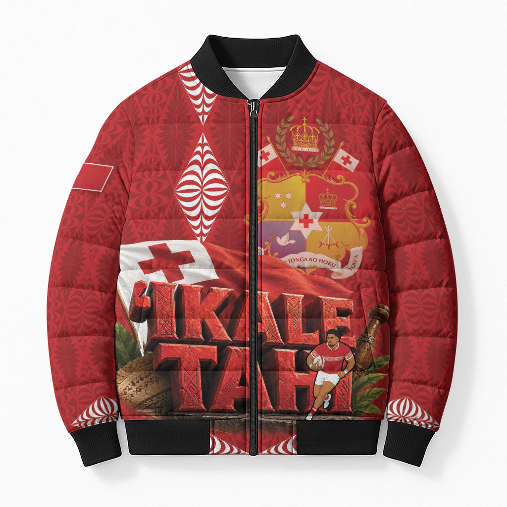Tonga Rugby Custom Bomber Puffer Jacket 2026 Go Ikale Tahi Ngatu Pattern LT14 Unisex Red - Polynesian Pride