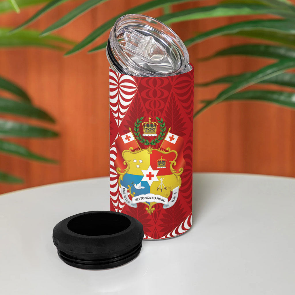 Tonga Rugby Custom 4 in 1 Can Cooler Tumbler 2026 Go Ikale Tahi Ngatu Pattern LT14 - Polynesian Pride