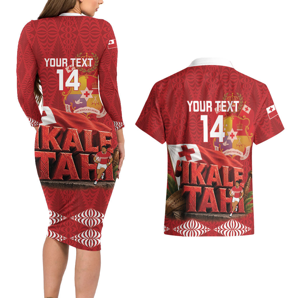 Tonga Rugby Custom Couples Matching Long Sleeve Bodycon Dress and Hawaiian Shirt 2026 Go Ikale Tahi Ngatu Pattern LT14 - Polynesian Pride