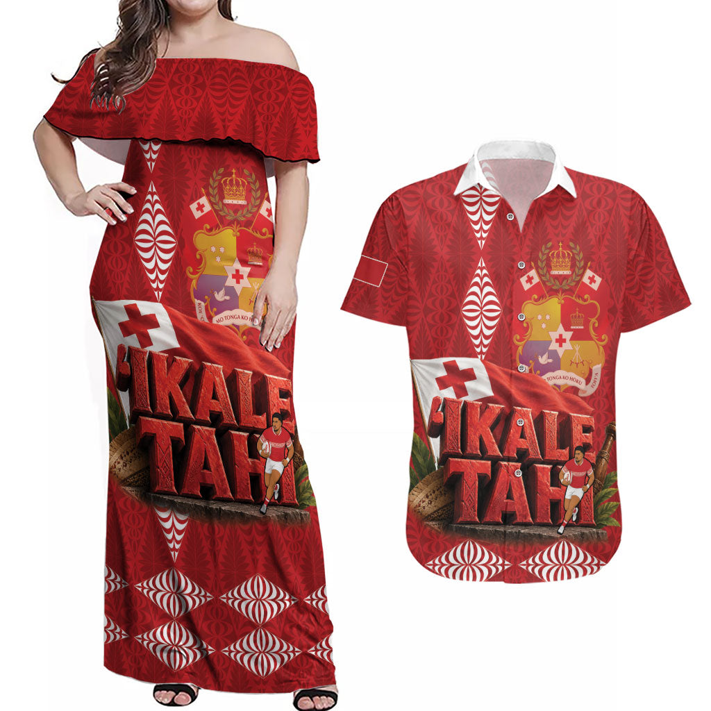 Tonga Rugby Custom Couples Matching Off Shoulder Maxi Dress and Hawaiian Shirt 2026 Go Ikale Tahi Ngatu Pattern LT14 Red - Polynesian Pride