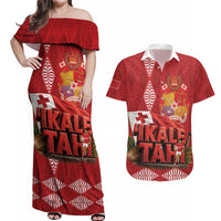 Tonga Rugby Custom Couples Matching Off Shoulder Maxi Dress and Hawaiian Shirt 2026 Go Ikale Tahi Ngatu Pattern LT14 Red - Polynesian Pride