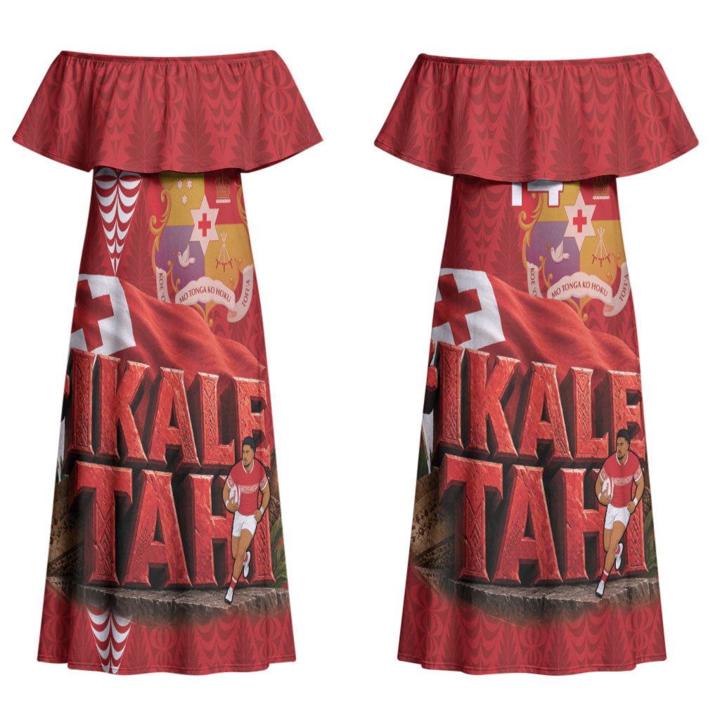 Tonga Rugby Custom Couples Matching Off Shoulder Maxi Dress and Long Sleeve Button Shirt 2026 Go Ikale Tahi Ngatu Pattern LT14 - Polynesian Pride