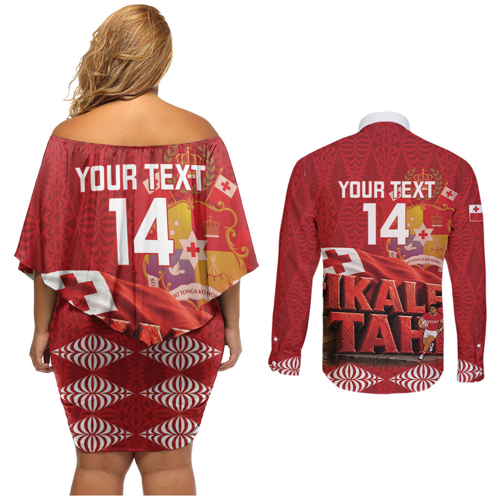 Tonga Rugby Custom Couples Matching Off Shoulder Short Dress and Long Sleeve Button Shirt 2026 Go Ikale Tahi Ngatu Pattern LT14 - Polynesian Pride