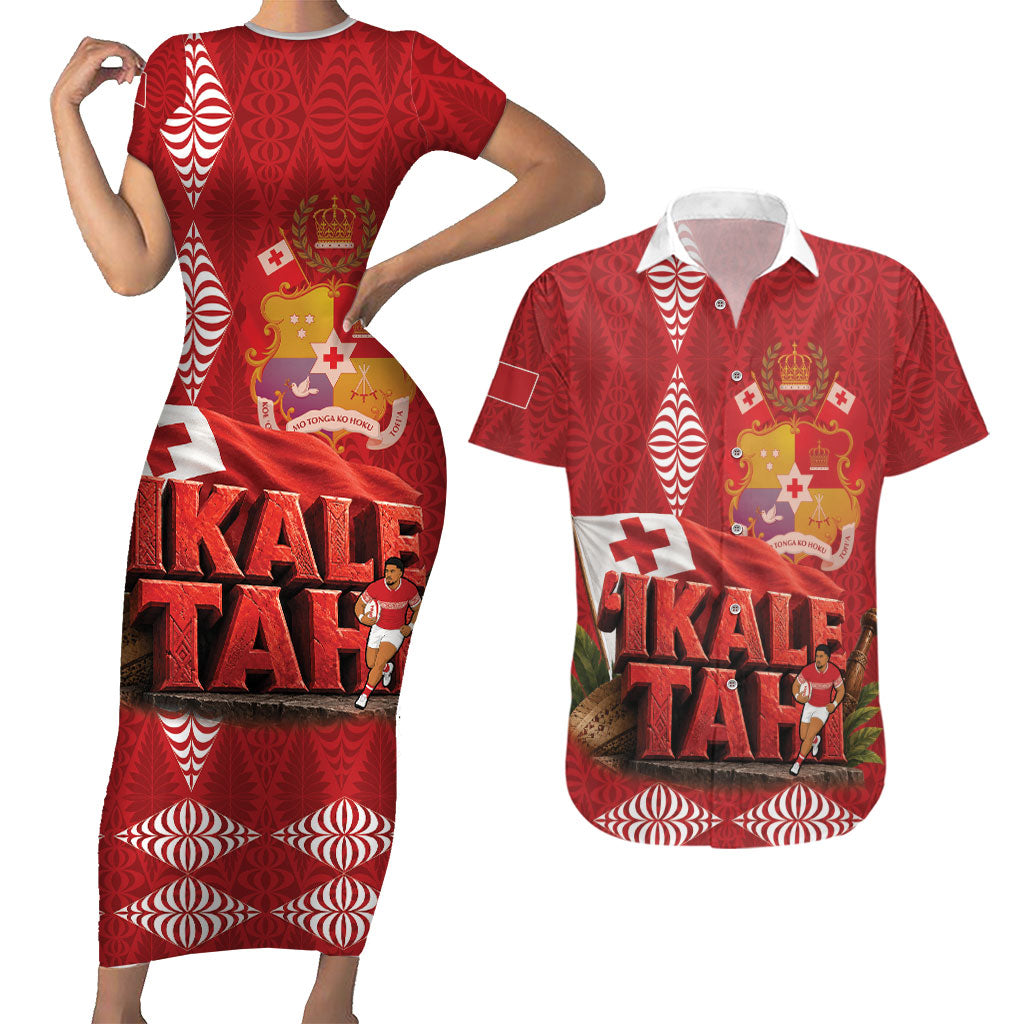 Tonga Rugby Custom Couples Matching Short Sleeve Bodycon Dress and Hawaiian Shirt 2026 Go Ikale Tahi Ngatu Pattern LT14 Red - Polynesian Pride