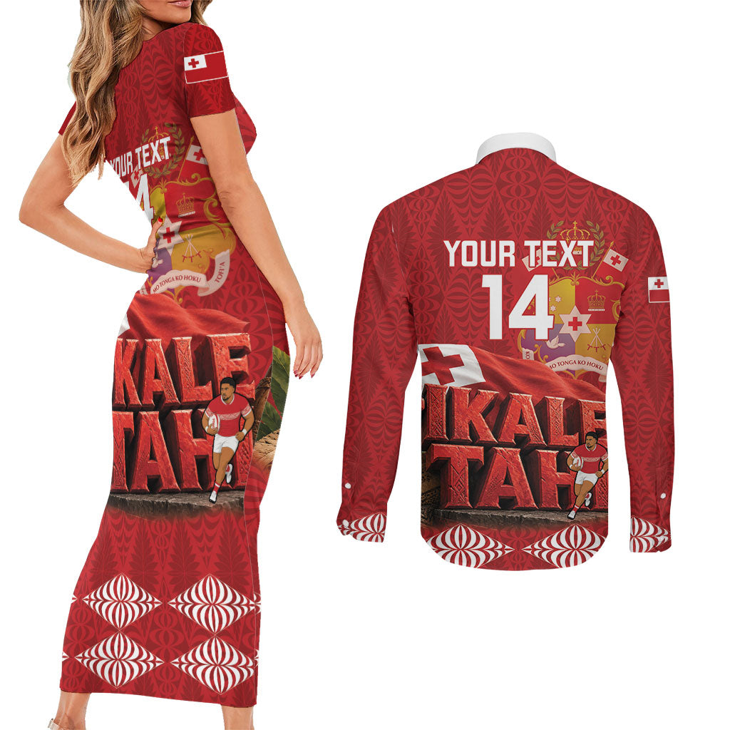 Tonga Rugby Custom Couples Matching Short Sleeve Bodycon Dress and Long Sleeve Button Shirt 2026 Go Ikale Tahi Ngatu Pattern LT14 - Polynesian Pride