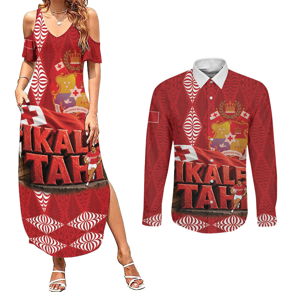 Tonga Rugby Custom Couples Matching Summer Maxi Dress and Long Sleeve Button Shirt 2026 Go Ikale Tahi Ngatu Pattern LT14 Red - Polynesian Pride
