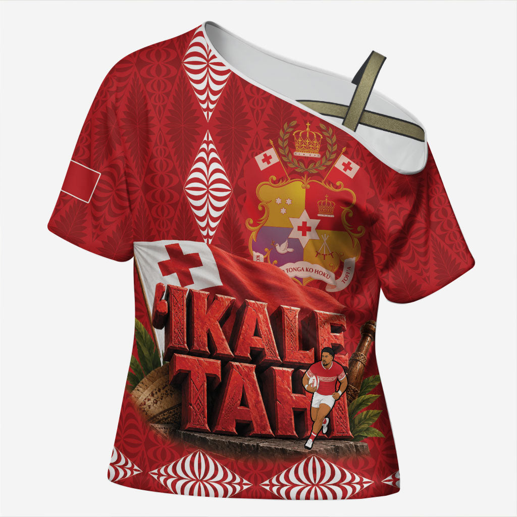 Tonga Rugby Custom Cross Shoulder Shirt 2026 Go Ikale Tahi Ngatu Pattern LT14 Female Red - Polynesian Pride