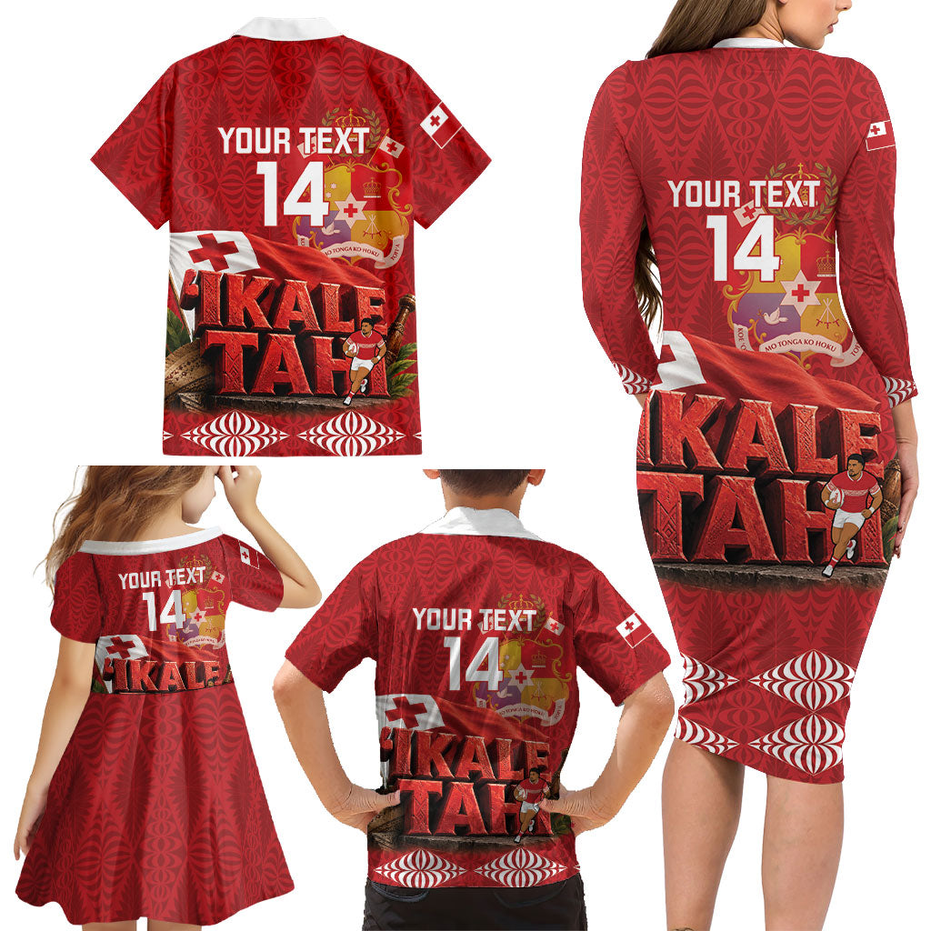 Tonga Rugby Custom Family Matching Long Sleeve Bodycon Dress and Hawaiian Shirt 2026 Go Ikale Tahi Ngatu Pattern LT14 - Polynesian Pride