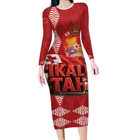 Tonga Rugby Custom Family Matching Long Sleeve Bodycon Dress and Hawaiian Shirt 2026 Go Ikale Tahi Ngatu Pattern LT14 Mom's Dress Red - Polynesian Pride