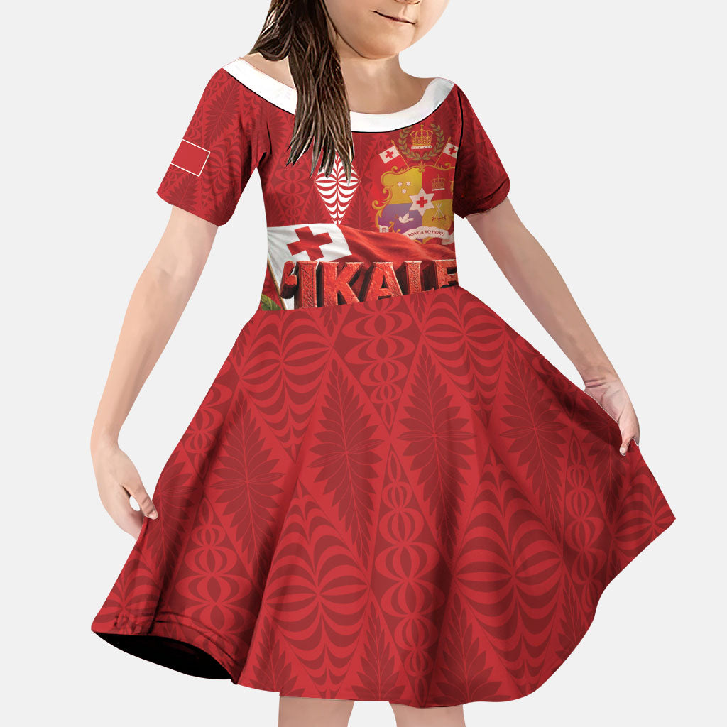 Tonga Rugby Custom Family Matching Off Shoulder Short Dress and Hawaiian Shirt 2026 Go Ikale Tahi Ngatu Pattern LT14 Daughter's Dress Red - Polynesian Pride