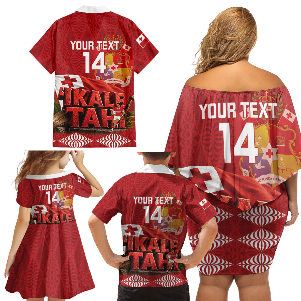 Tonga Rugby Custom Family Matching Off Shoulder Short Dress and Hawaiian Shirt 2026 Go Ikale Tahi Ngatu Pattern LT14 - Polynesian Pride