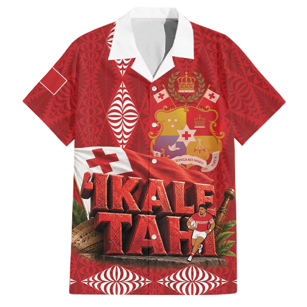 Tonga Rugby Custom Family Matching Off Shoulder Short Dress and Hawaiian Shirt 2026 Go Ikale Tahi Ngatu Pattern LT14 Dad's Shirt - Short Sleeve Red - Polynesian Pride