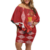 Tonga Rugby Custom Family Matching Off Shoulder Short Dress and Hawaiian Shirt 2026 Go Ikale Tahi Ngatu Pattern LT14 Mom's Dress Red - Polynesian Pride