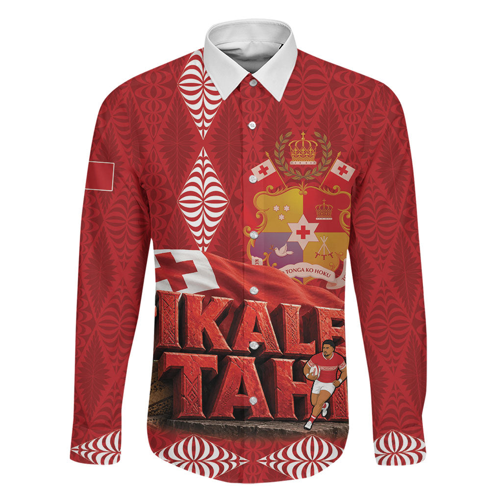 Tonga Rugby Custom Family Matching Summer Maxi Dress and Hawaiian Shirt 2026 Go Ikale Tahi Ngatu Pattern LT14 Dad's Shirt - Long Sleeve Red - Polynesian Pride