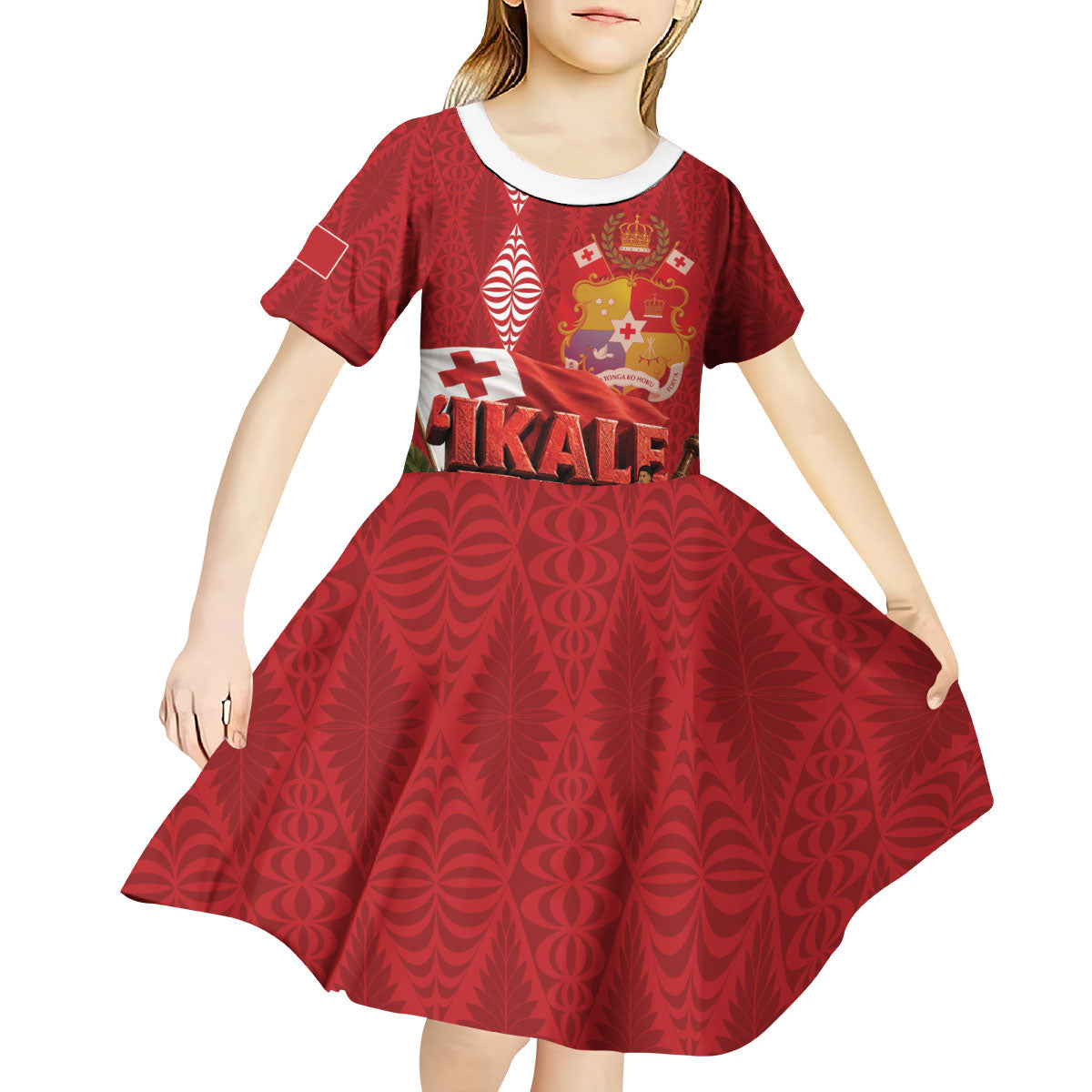 Tonga Rugby Custom Kid Short Sleeve Dress 2026 Go Ikale Tahi Ngatu Pattern LT14 - Polynesian Pride