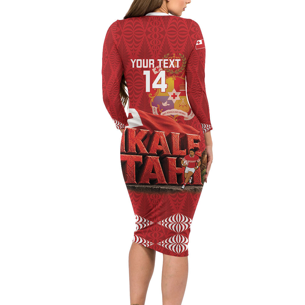 Tonga Rugby Custom Long Sleeve Bodycon Dress 2026 Go Ikale Tahi Ngatu Pattern LT14 - Polynesian Pride