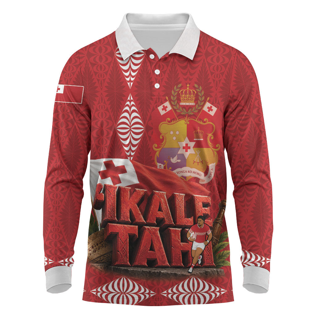 Tonga Rugby Custom Long Sleeve Polo Shirt 2026 Go Ikale Tahi Ngatu Pattern LT14 Red - Polynesian Pride