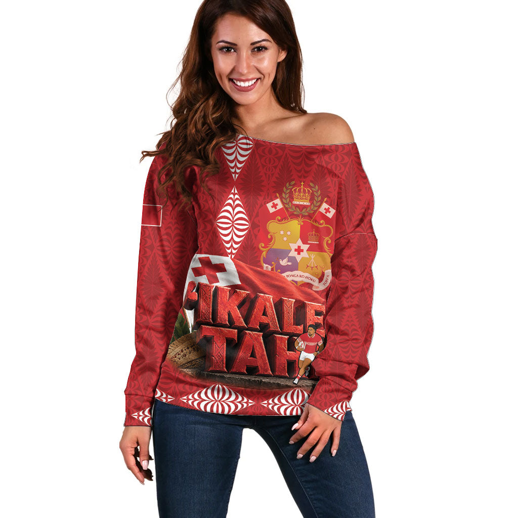 Tonga Rugby Custom Off Shoulder Sweater 2026 Go Ikale Tahi Ngatu Pattern LT14 Women Red - Polynesian Pride