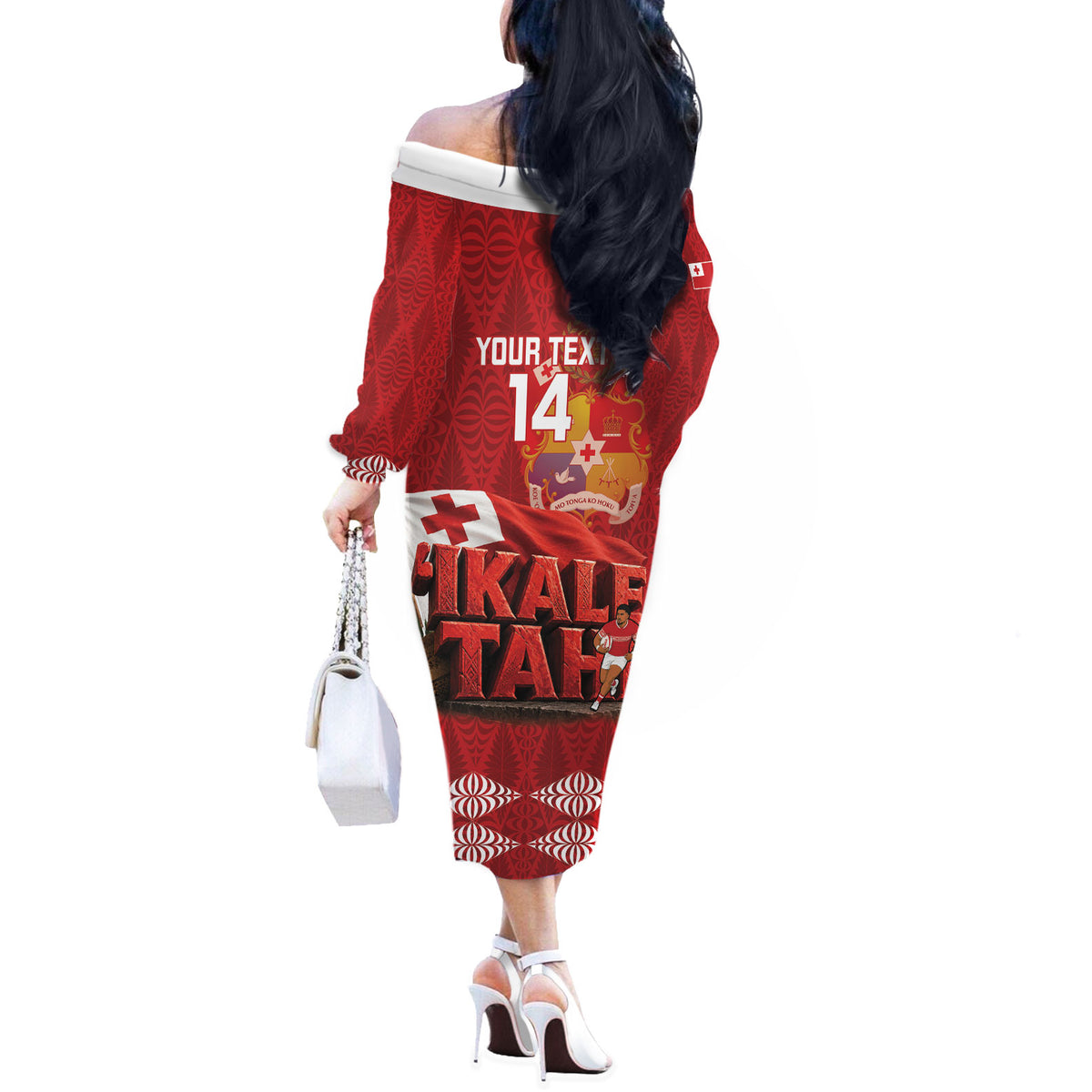 Tonga Rugby Custom Off The Shoulder Long Sleeve Dress 2026 Go Ikale Tahi Ngatu Pattern LT14 - Polynesian Pride
