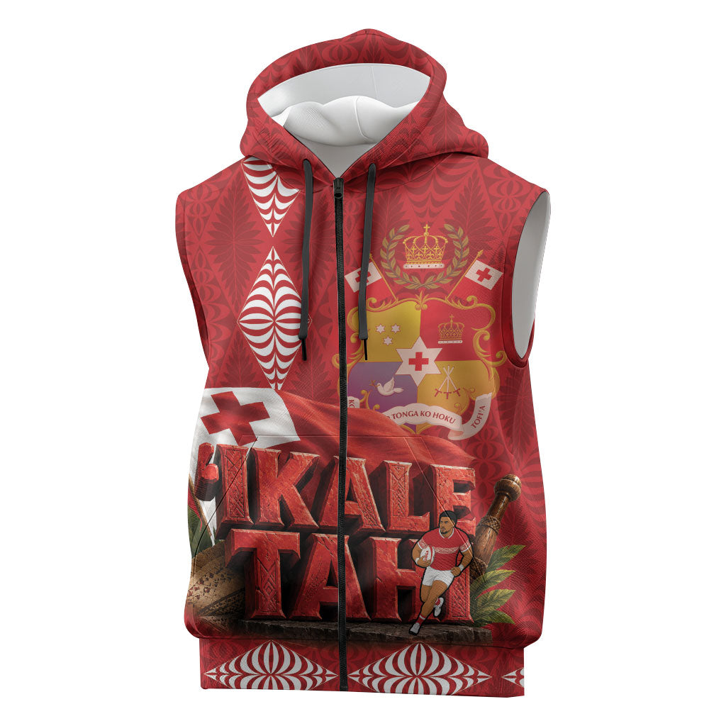 Tonga Rugby Custom Sleeveless Zip Hoodie 2026 Go Ikale Tahi Ngatu Pattern LT14 Red - Polynesian Pride
