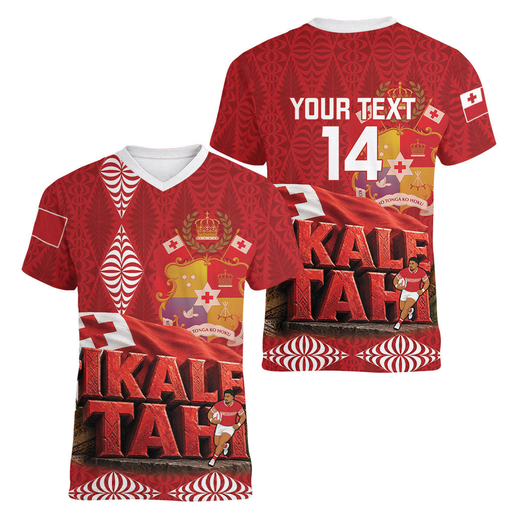 Tonga Rugby Custom Women V-Neck T-Shirt 2026 Go Ikale Tahi Ngatu Pattern LT14 - Polynesian Pride