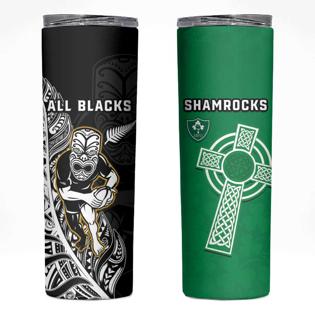 New Zealand and Ireland Rugby Skinny Tumbler All Black Maori Mix Shamrocks LT14 Black - Polynesian Pride