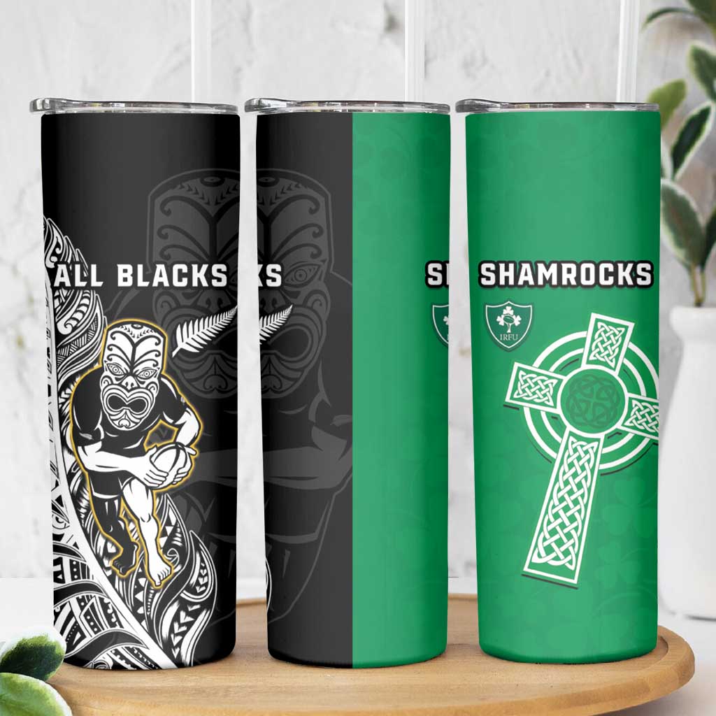 New Zealand and Ireland Rugby Skinny Tumbler All Black Maori Mix Shamrocks LT14 - Polynesian Pride
