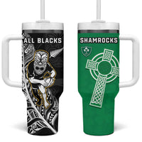 New Zealand and Ireland Rugby Tumbler With Handle All Black Maori Mix Shamrocks LT14 One Size: 40 oz Black - Polynesian Pride