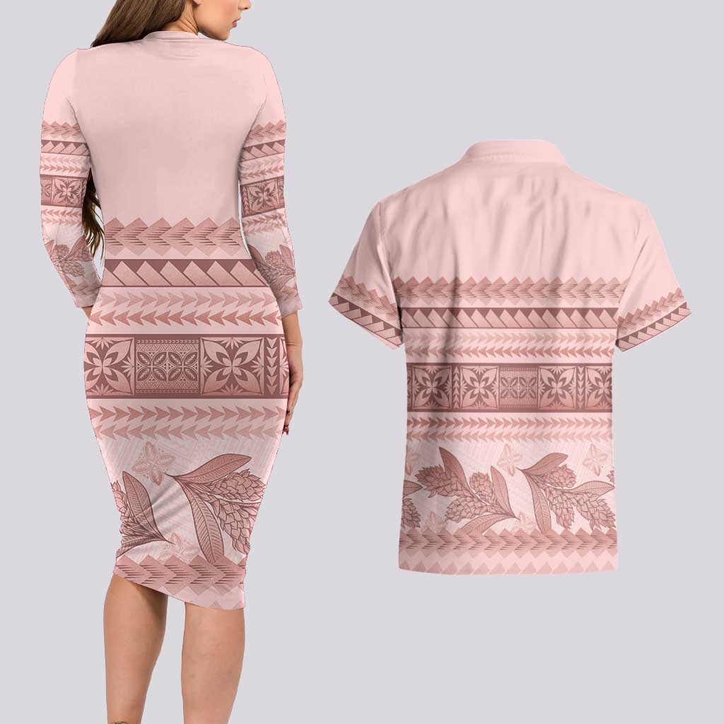 Pastel Pink Samoa Siapo Teuila Flowers Couples Matching Long Sleeve Bodycon Dress and Hawaiian Shirt LT14 - Polynesian Pride