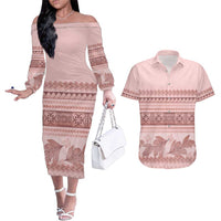 Pastel Pink Samoa Siapo Teuila Flowers Couples Matching Off The Shoulder Long Sleeve Dress and Hawaiian Shirt LT14 Pastel Pink - Polynesian Pride