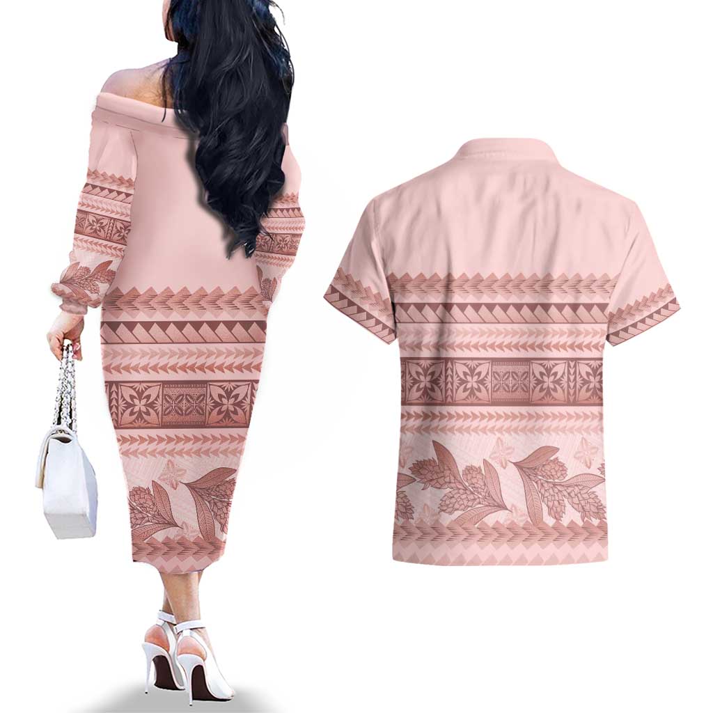 Pastel Pink Samoa Siapo Teuila Flowers Couples Matching Off The Shoulder Long Sleeve Dress and Hawaiian Shirt LT14 - Polynesian Pride
