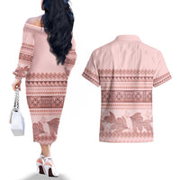Pastel Pink Samoa Siapo Teuila Flowers Couples Matching Off The Shoulder Long Sleeve Dress and Hawaiian Shirt LT14 - Polynesian Pride
