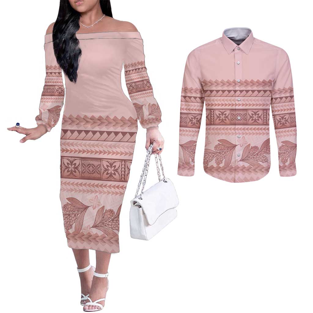 Pastel Pink Samoa Siapo Teuila Flowers Couples Matching Off The Shoulder Long Sleeve Dress and Long Sleeve Button Shirt LT14 Pastel Pink - Polynesian Pride