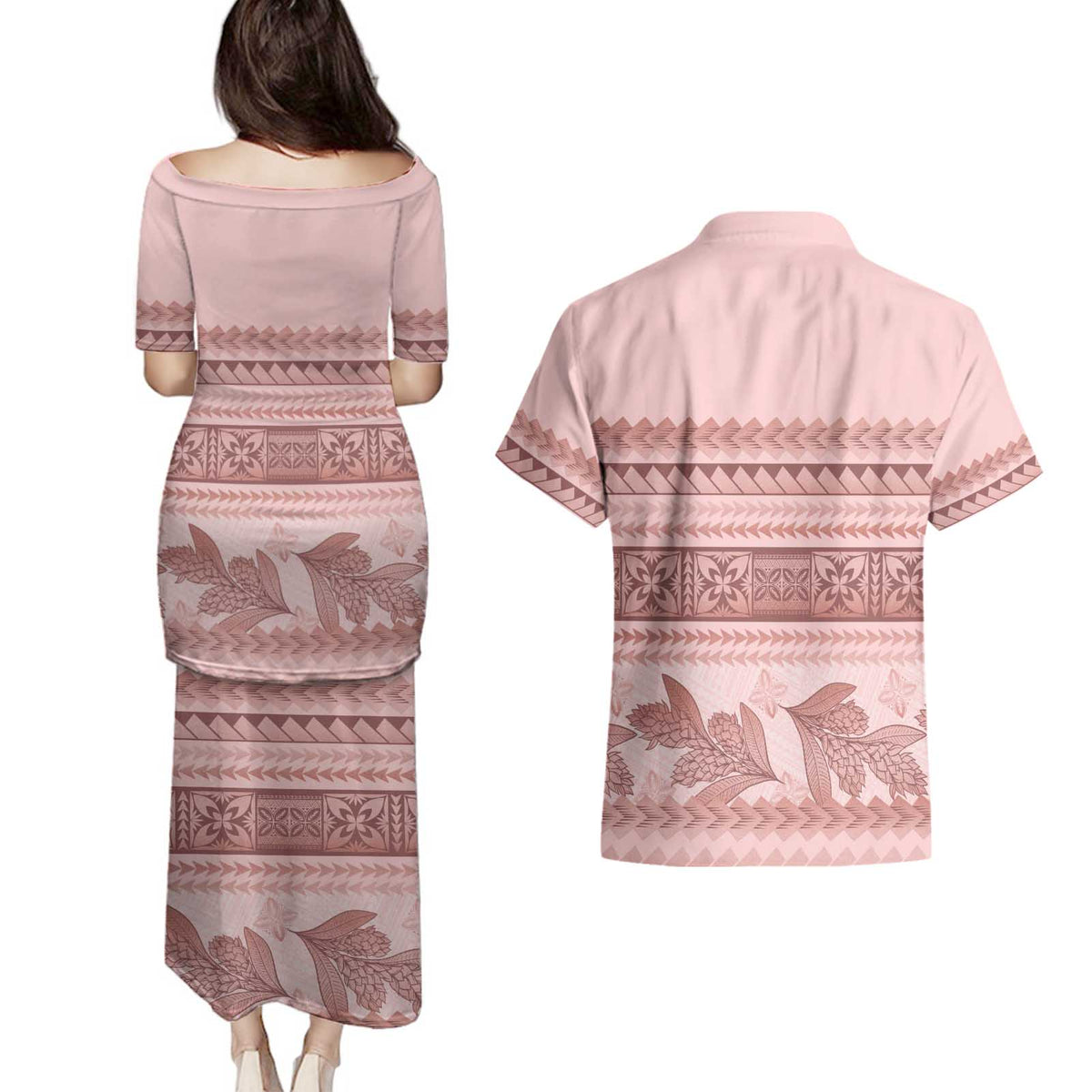 Pastel Pink Samoa Siapo Teuila Flowers Couples Matching Puletasi and Hawaiian Shirt LT14 - Polynesian Pride