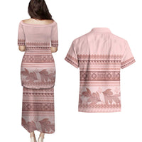 Pastel Pink Samoa Siapo Teuila Flowers Couples Matching Puletasi and Hawaiian Shirt LT14 - Polynesian Pride