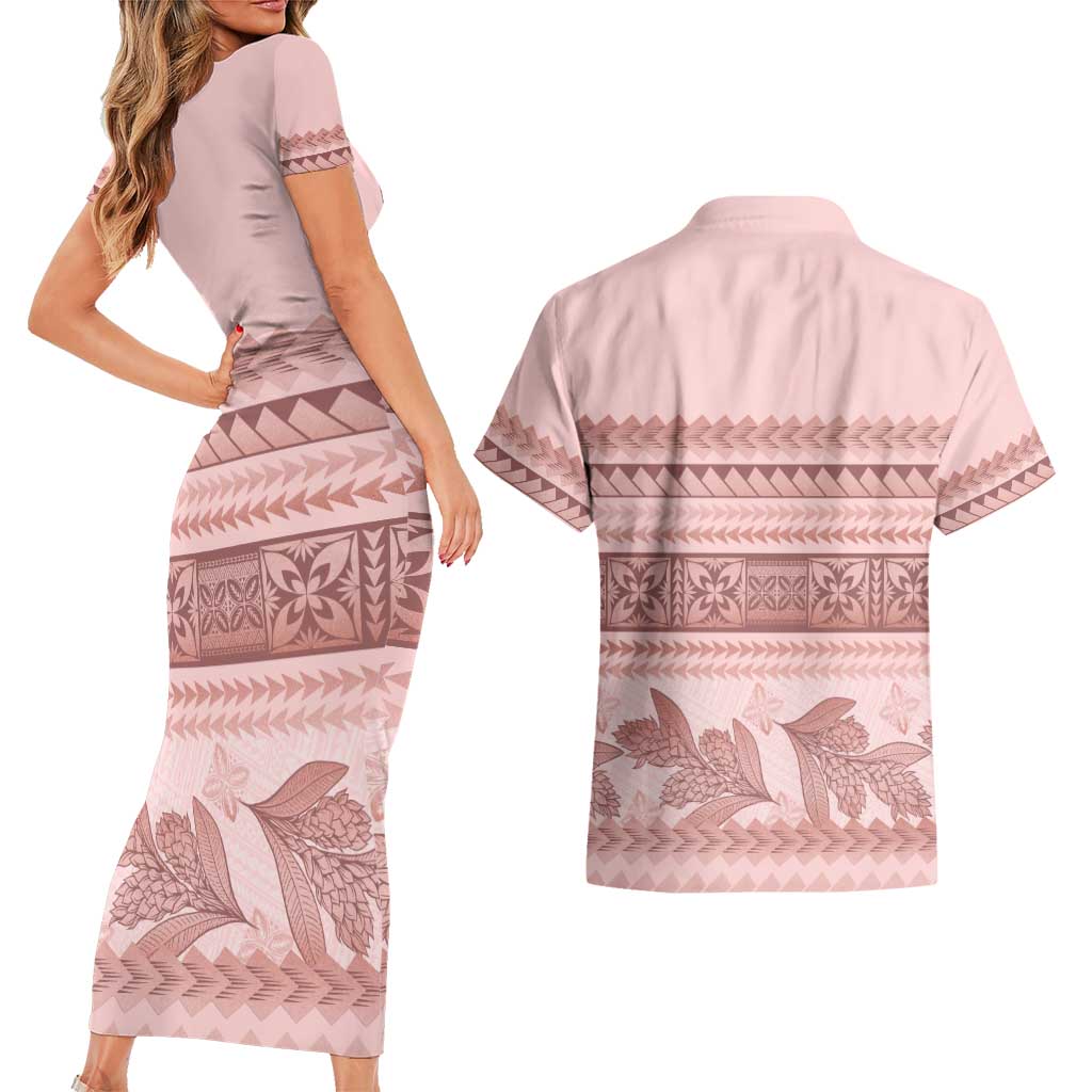 Pastel Pink Samoa Siapo Teuila Flowers Couples Matching Short Sleeve Bodycon Dress and Hawaiian Shirt LT14 - Polynesian Pride