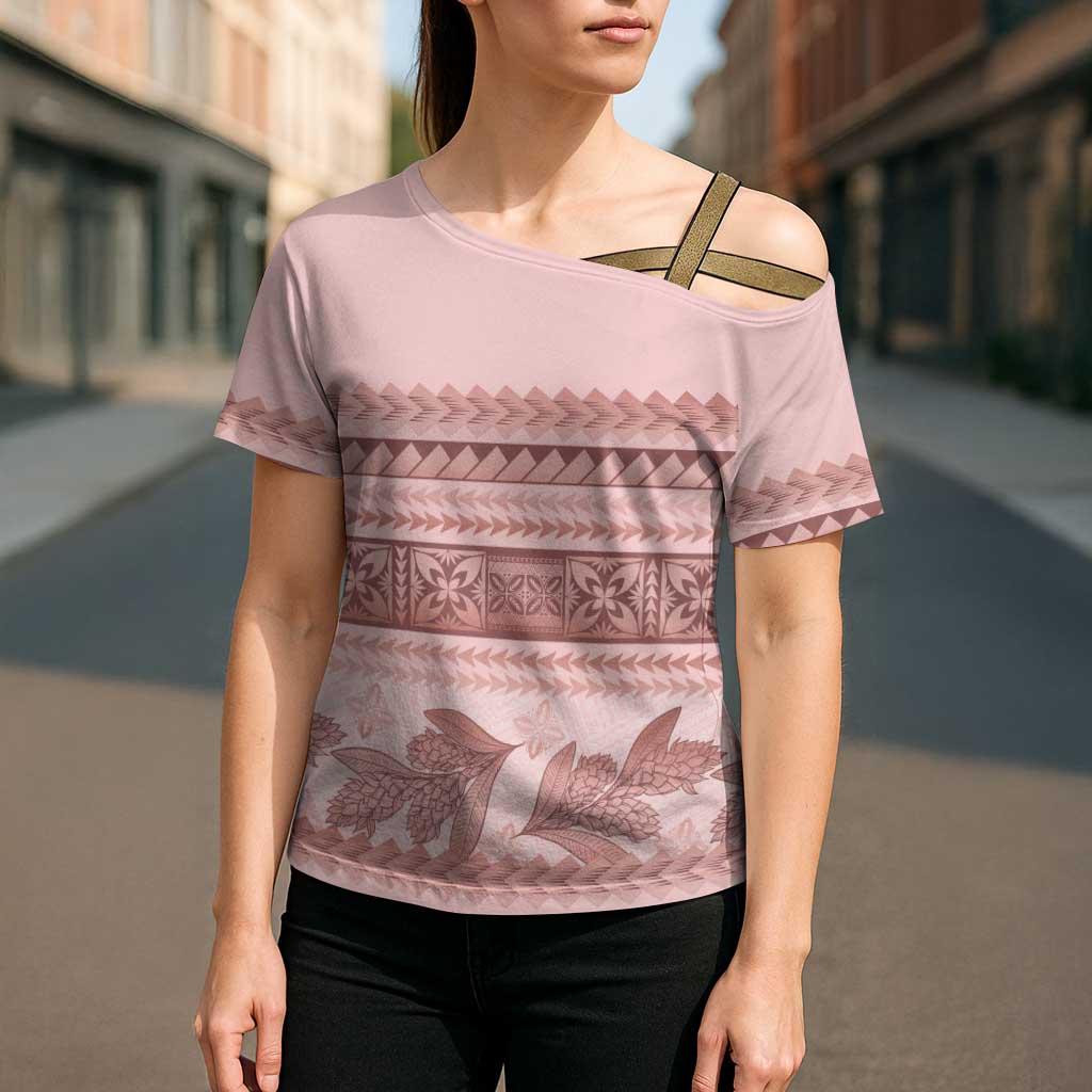 Pastel Pink Samoa Siapo Teuila Flowers Cross Shoulder Shirt - Polynesian Pride