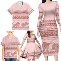 Pastel Pink Samoa Siapo Teuila Flowers Family Matching Long Sleeve Bodycon Dress and Hawaiian Shirt LT14 - Polynesian Pride