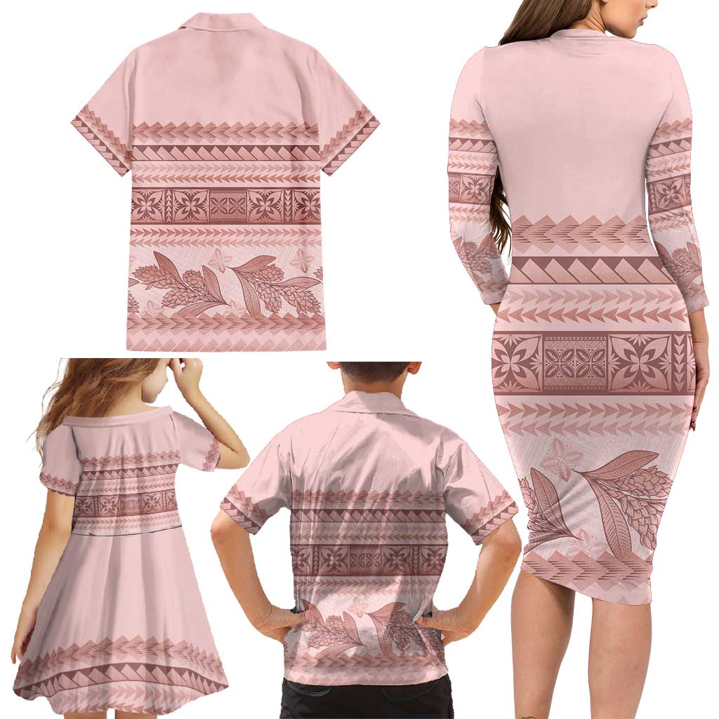 Pastel Pink Samoa Siapo Teuila Flowers Family Matching Long Sleeve Bodycon Dress and Hawaiian Shirt LT14 - Polynesian Pride