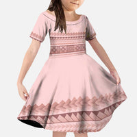 Pastel Pink Samoa Siapo Teuila Flowers Family Matching Off The Shoulder Long Sleeve Dress and Hawaiian Shirt LT14 Daughter's Dress Pastel Pink - Polynesian Pride