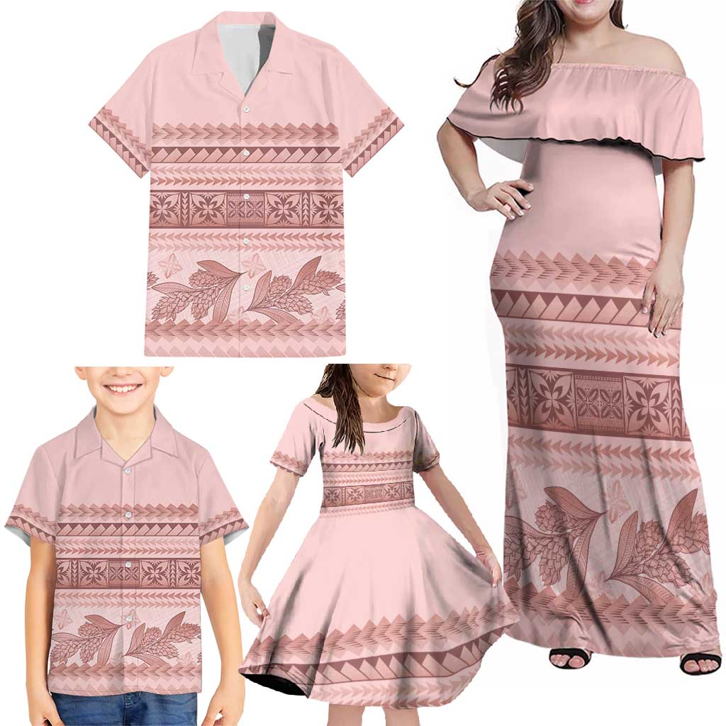Pastel Pink Samoa Siapo Teuila Flowers Family Matching Off Shoulder Maxi Dress and Hawaiian Shirt LT14 - Polynesian Pride