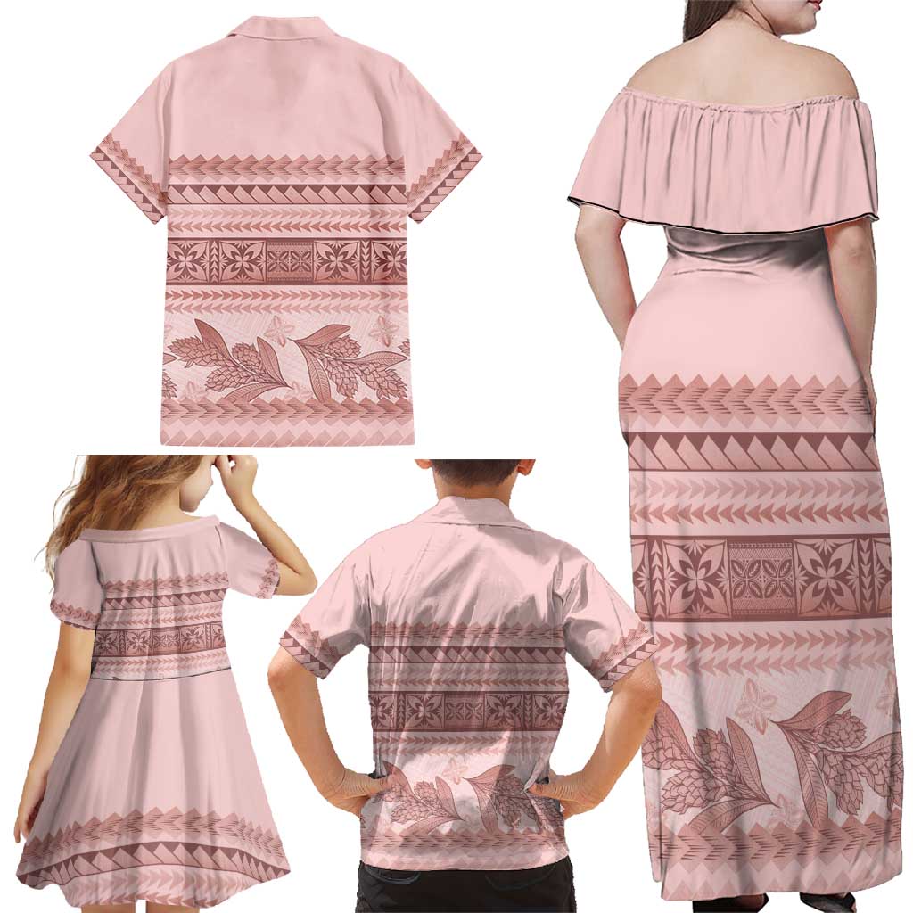 Pastel Pink Samoa Siapo Teuila Flowers Family Matching Off Shoulder Maxi Dress and Hawaiian Shirt LT14 - Polynesian Pride